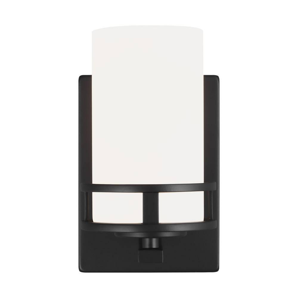 Generation Lighting 4121601-112 Robie Etched/White Glass Cylinder Wall Sconce Lighting Fixture, 1-Light 75 Watt, 8" H x 5" W, Midnight Black
