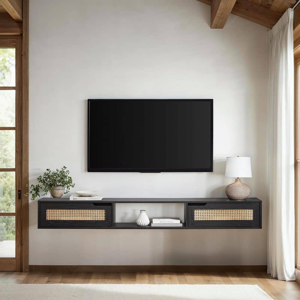 Walker Edison Modern Rattan-Door Floating TV stand for TVs up to 80”, Black