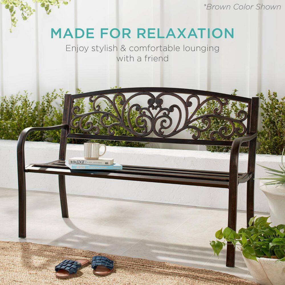 World Menagerie Outdoor Steel Bench with Floral Backrest & Slatted Seat, Marigold for Garden, Patio, Porch, Lawn, and Deck