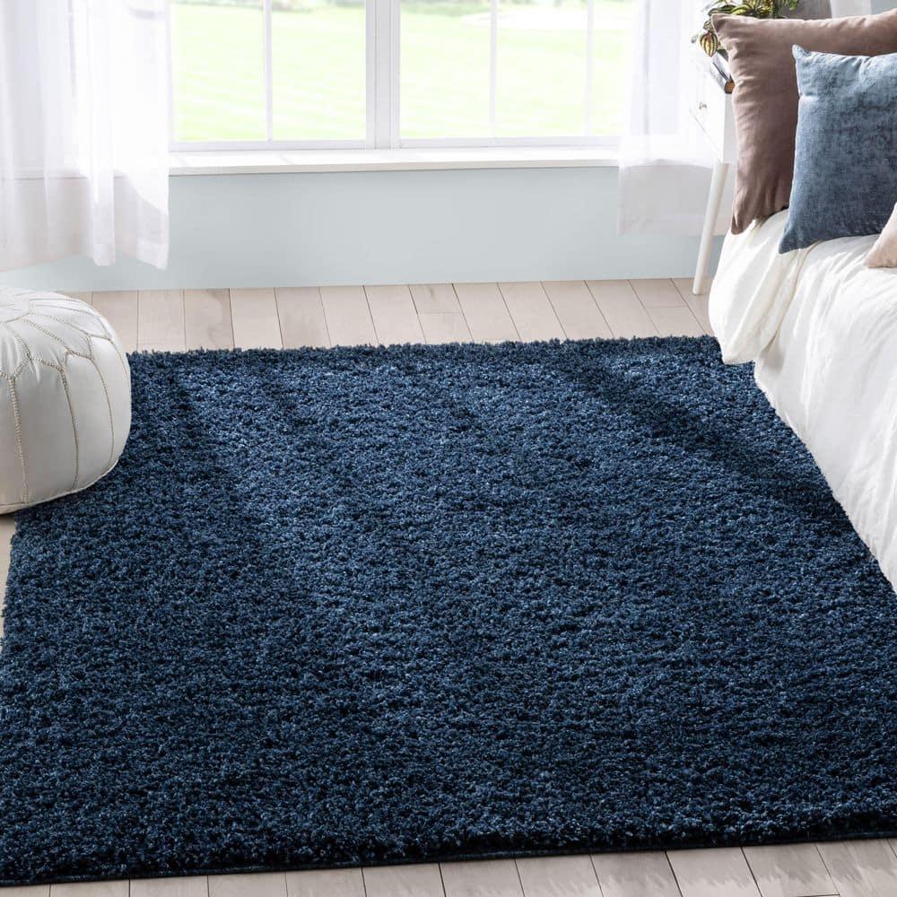 Berte Modern Solid Dark Blue Textured Shag Rug