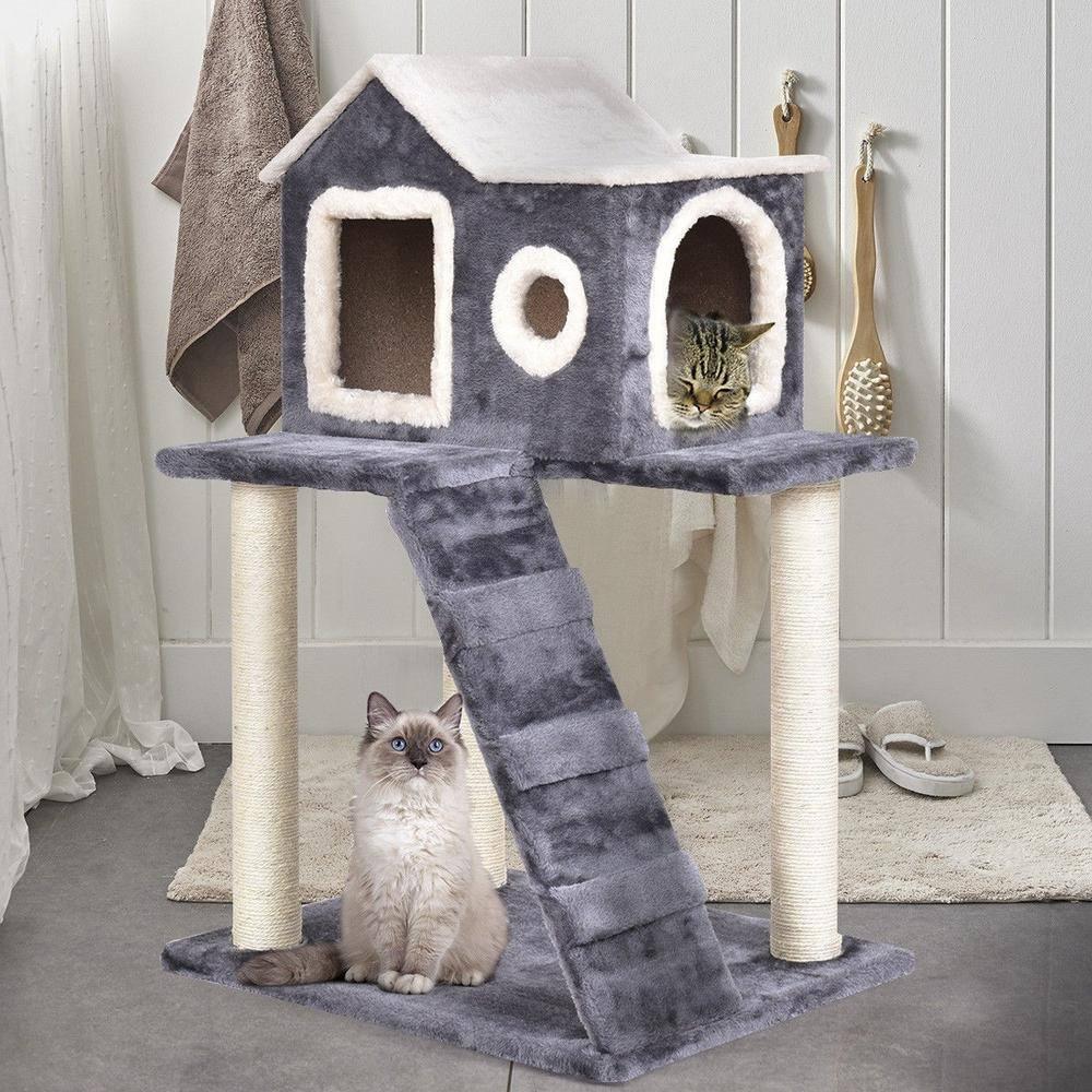Gymax 35'' Modern Cat Tree 3-level Cat Condo Furniture w/ Openable Roof Sisal Scratching Posts