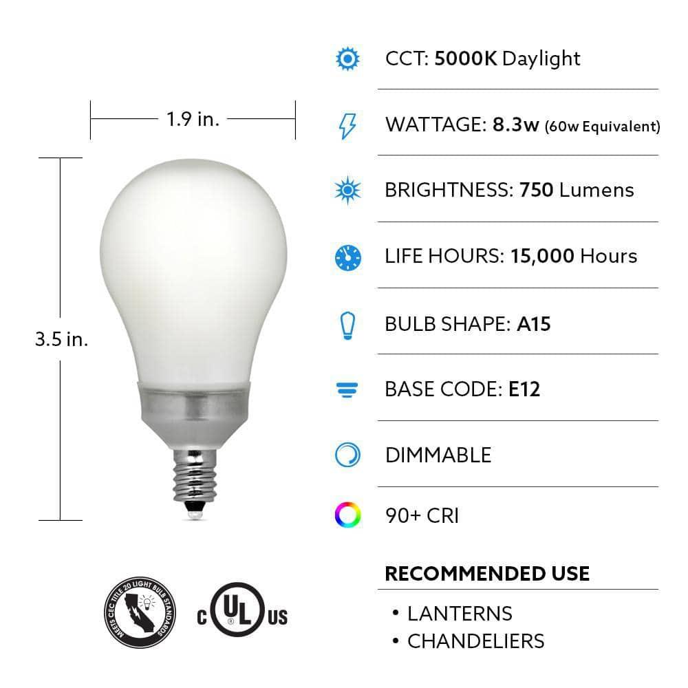 Feit Enhance A15 E12 (Candelabro) Bombilla LED de Filamento Luz Diurna Equivalente a 60 Vatios, Paquete de 2