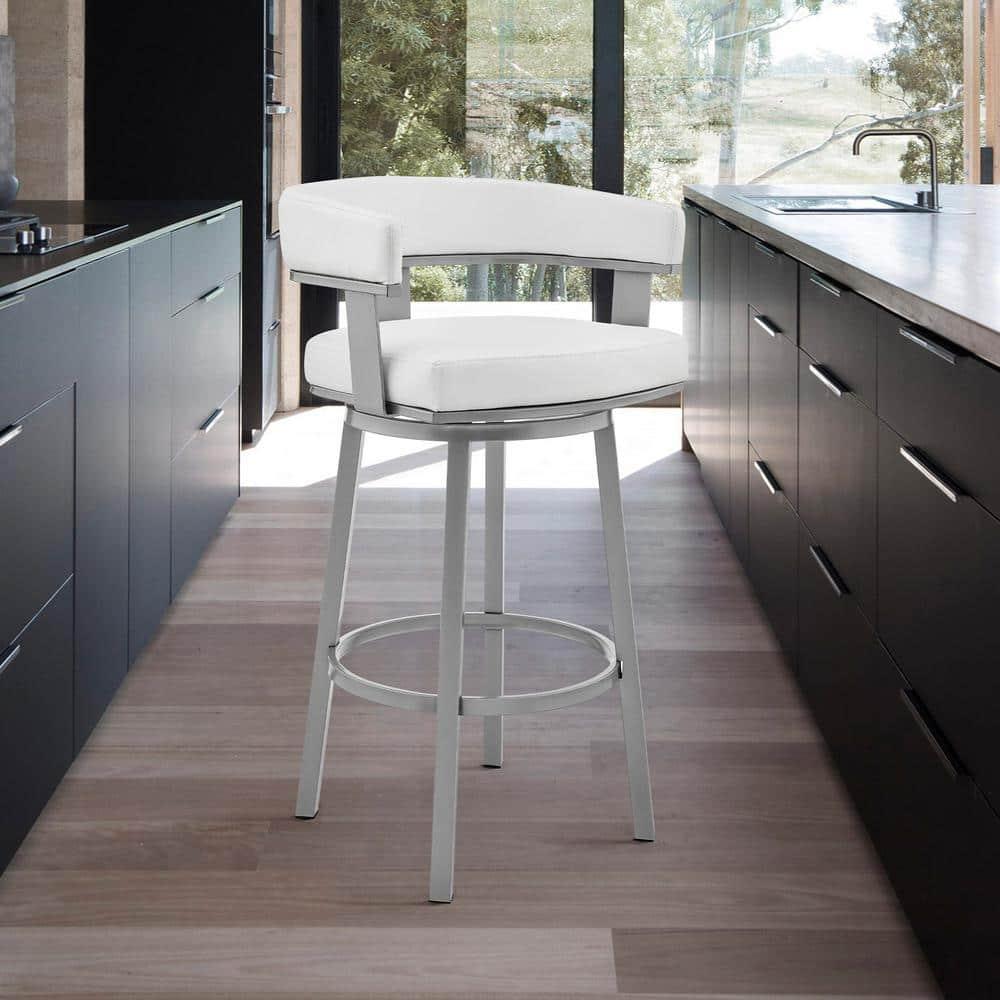 Armen Living Cohen30" Bar Height Swivel Bar Stool in Silver Finish with White Faux Leather