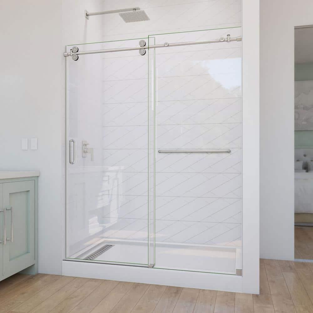 DreamLine Enigma-CXO 56-60 in. W x 76 in. H Fully Frameless Sliding Shower Door in Brushed Stainless