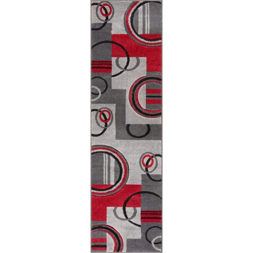 Well Woven Ruby Galaxy Waves Modern Geometric Grey & Red 2' x 7' Runner Rug