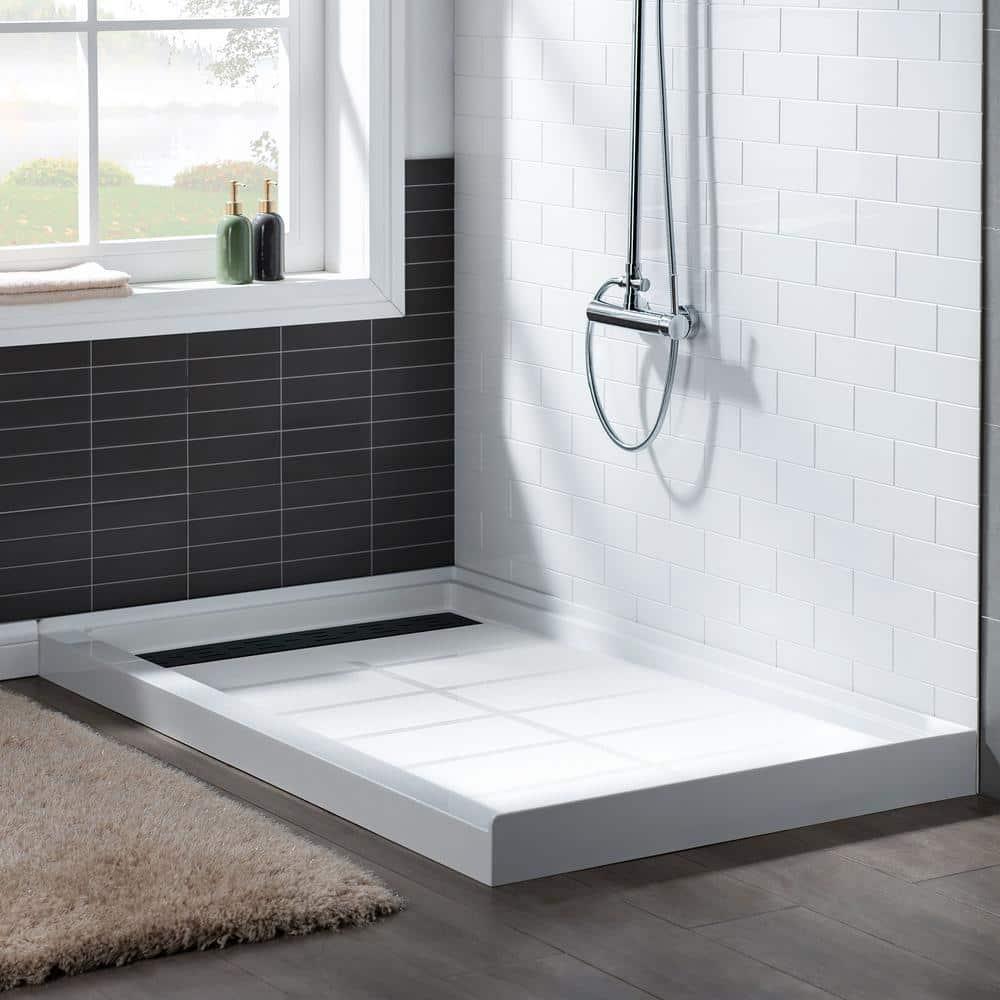 48" W x 36" Solid Surface Single Threshold Shower Pan Base with Drain Assembly & Drain Cover Included, Non-Slip