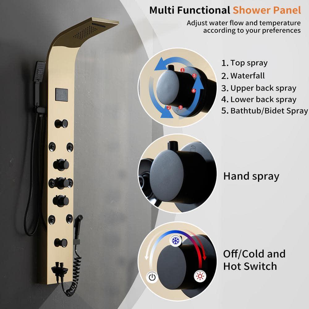 BWE 8-Jet Rainfall Shower Panel System with Rainfall Waterfall Shower Head and Shower Wand in
