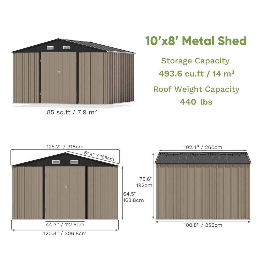 Patiowell 10' x 8' Outdoor Storage Shed with Floor Frame Kit, Metal Garden Tool Shed with Design of Lockable Doors, Utility and Tool Storage for Garden, Backyard, Patio, and Outside Use, Brown