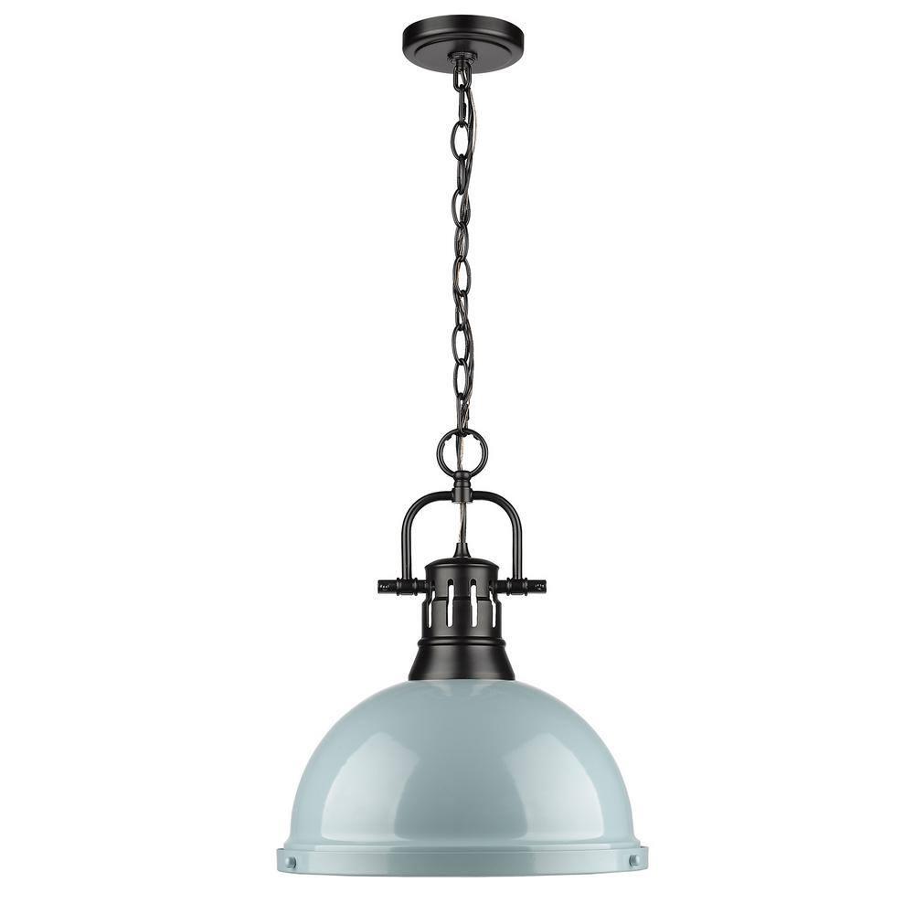 Golden Lighting Duncan 1-Light Large Pendant with Chain in Matte Black with Seafoam