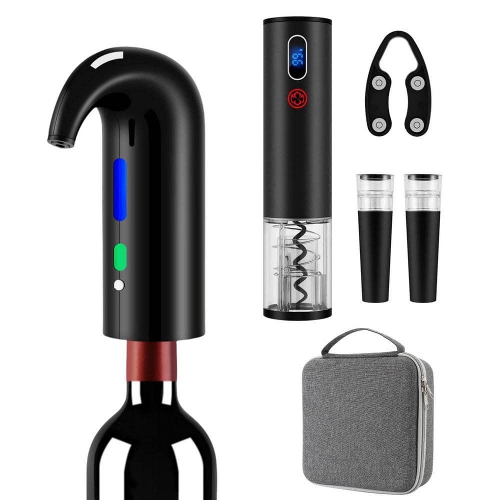 Wine Opener Christmas Day Gift Set with Electric Wine Bottle Opener, Wine Decanter&Wine Aerator and Pourer, wine stopper, Foil Cutter and EVA Storage Bag, Rechargeable and Automatic(Black)