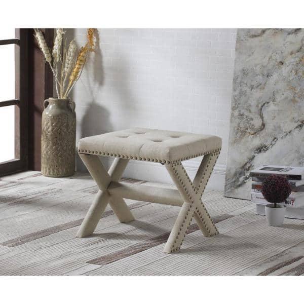 Champagne Nailhead Trim Beige Linen Blend Accent Bench