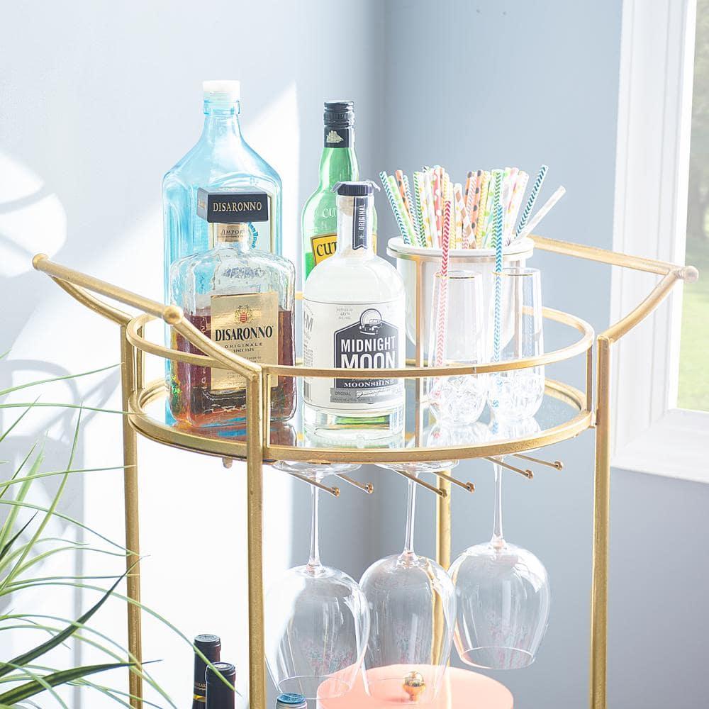 Round Metal Frame 2 Mirrored Glass Shelves Bar Cart with Locking Wheels - Linon: Indoor Serving Trolley