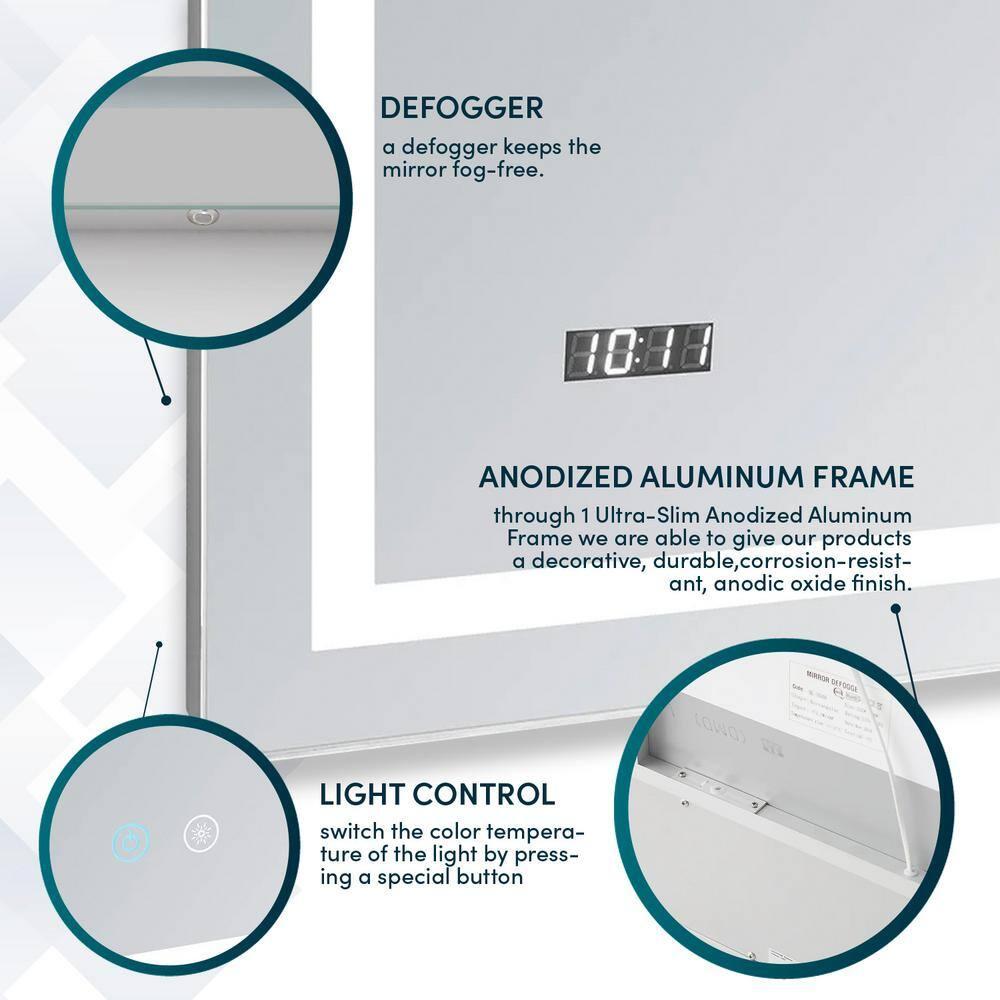 AQUADOM AQUADOM Daytona LED Wall-Mount Mirror for Bathroom with 3 Color Lighting, Touch Control, Dimmer and Defogger, Digital Clock