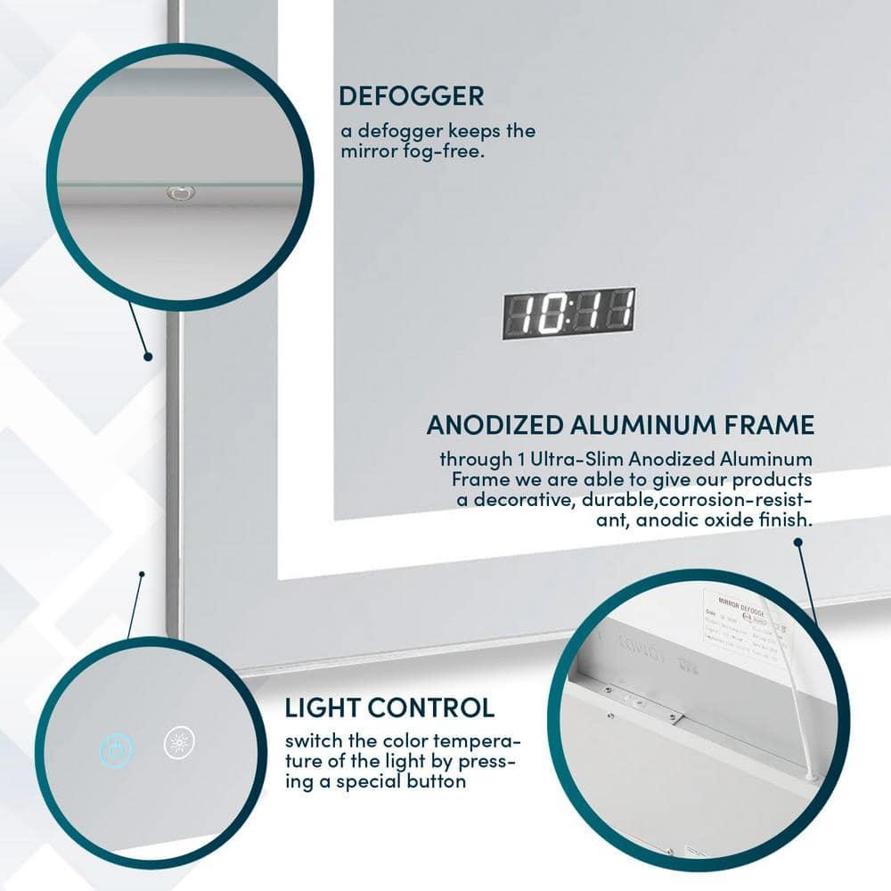 AQUADOM Daytona LED Wall-Mount Mirror for Bathroom with 3 Color Lighting, Touch Control, Dimmer and Defogger, Digital Clock