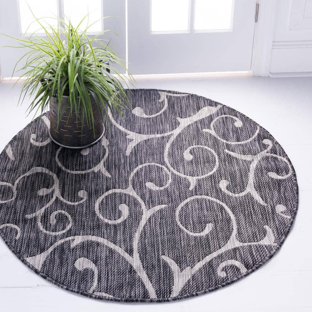 Unique Loom 4' 0 x 4' 0 Round Indoor/Outdoor Botanical Charcoal Gray Area Rug
