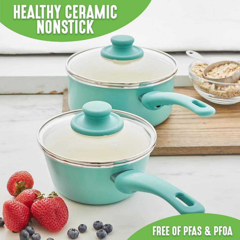 GreenLife GreenLife Soft Grip Healthy Ceramic Nonstick, 1QT And 2QT Saucepan Pot Set With Lids, Dishwasher Safe