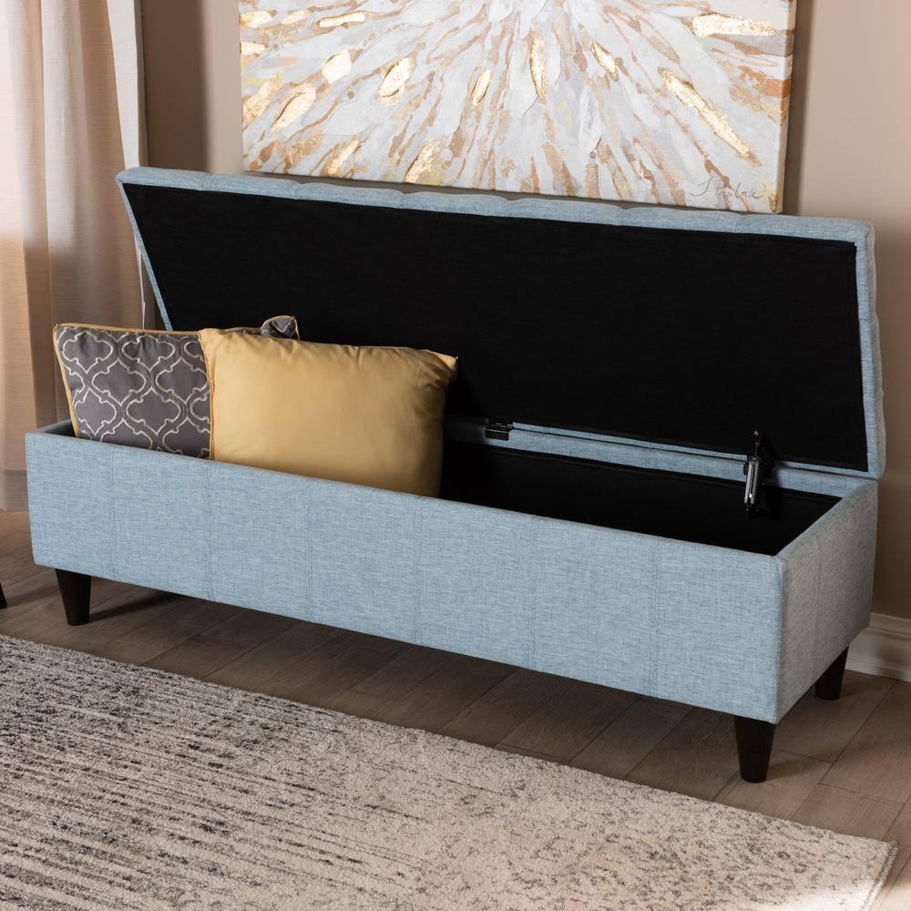 Brette Mid-Century Modern Light Blue Fabric Upholstered Wood Storage Bench Ottoman, Light Blue