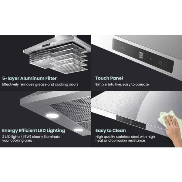 COMFEE' CVP30W7AST 30 Inch 450 CFM 3 Speed Gesture Sensing &Touch Control Panel Stainless Steel Wall Mount Ductless/Ducted Convertible Vent Baffle Filters and 2 LED Lights Range Hood