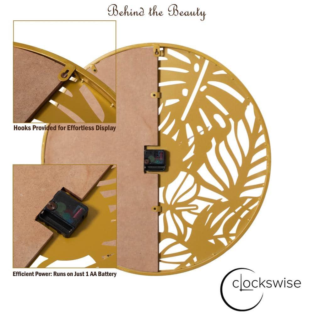 Clockswise 23.6” Round Big Wall Clock, brown wood and gold Metal with Leaf Cutout for Entryway Office Living Room or Kitchen, Hanging Supplies Include