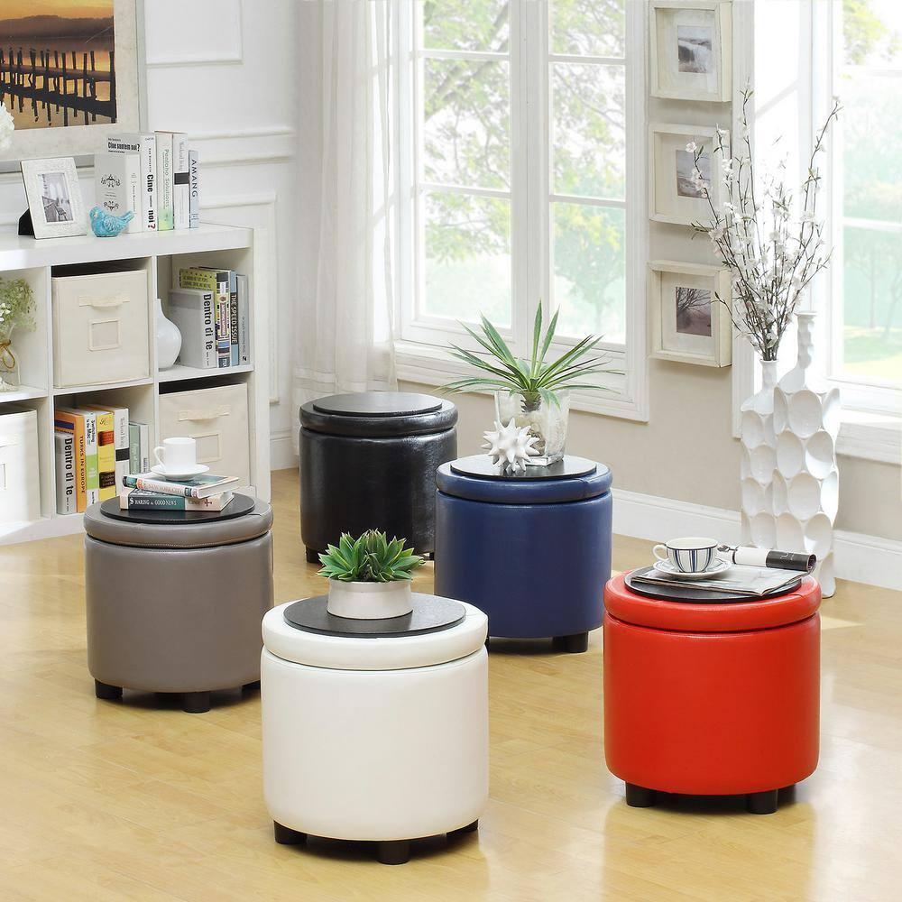 Convenience Concepts Designs4Comfort Round Accent Storage Ottoman with Reversible Tray Lid, Black Faux Leather