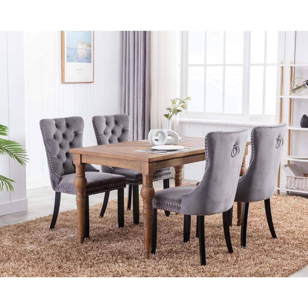 Modern Velvet Upholstered Dining Chairs with Back Button Nailhead Trim Accent Side Chairs with Wood Legs for Kitchen Dining Room(Gray,Set of 4)