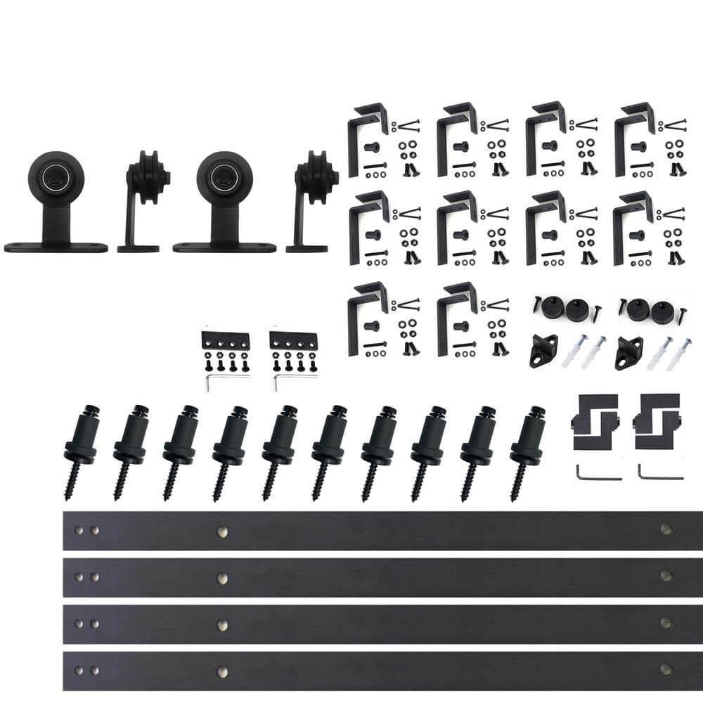 Homacer Black Rustic Double Track U-Shape Bypass Sliding Barn Door Hardware Kit, for Two/Double Doors, 12ft Long Flat Track, T-Shape Design Roller, Heavy Duty, for Interior & Exterior Use