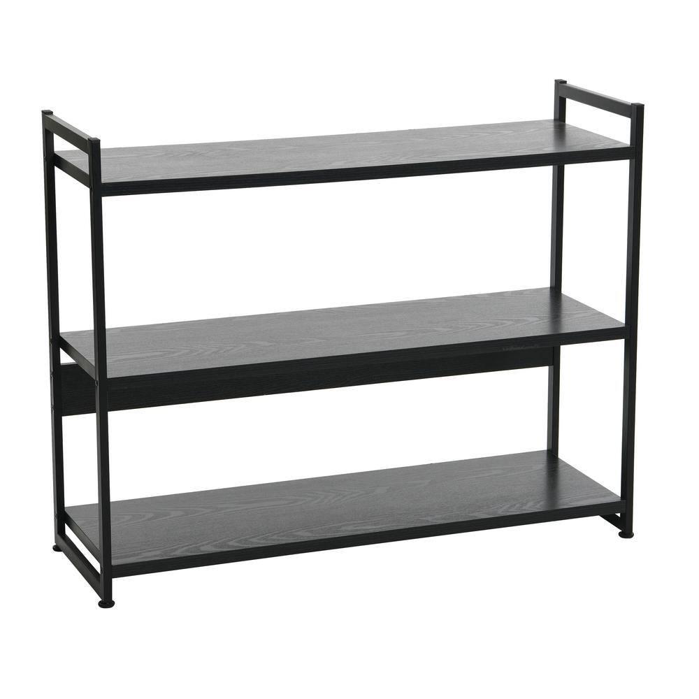 Household Essentials 32.5" Jamestown Wide 3 Shelf Bookshelf Black Oak: Sturdy Iron Frame, Adult Assembly Required