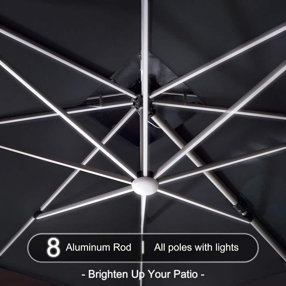 PURPLE LEAF 11FT Square Double Top Deluxe Solar Powered LED Patio Umbrella Outdoor Cantilever Umbrella, Gray