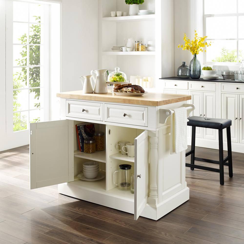 Crosley Furniture Oxford Wood Kitchen Island with Saddle Stools in White