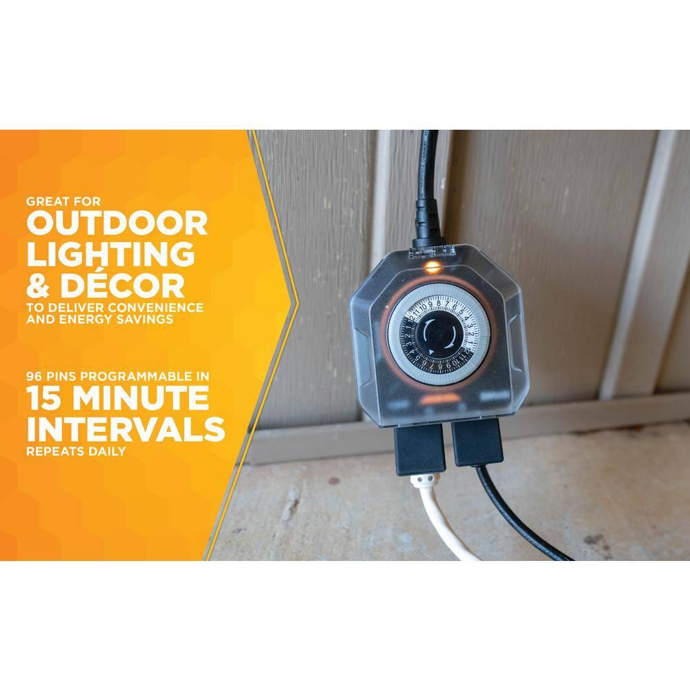 Woods 50123WD Black Outdoor 24-Hour Mechanical Timer with 2 Grounded Outlets