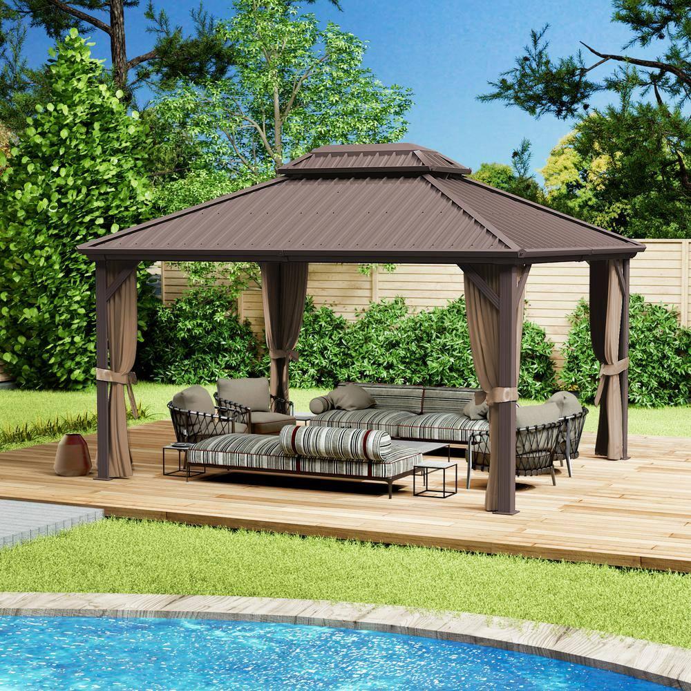 Kozyard Kozyard Caesar Gray Double Roof Hardtop Gazebo with Privacy Curtain and Mosquito Netting