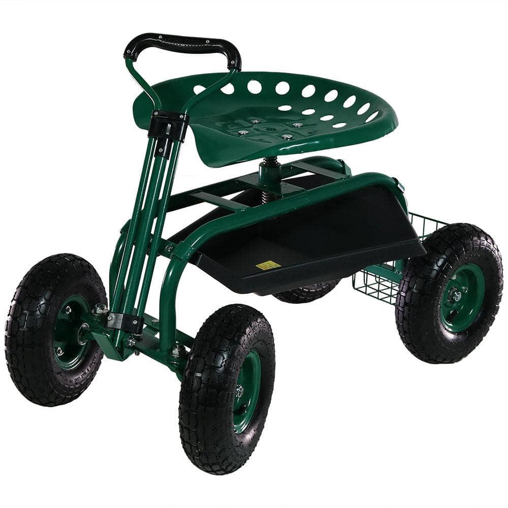 SunnyDaze Decor Steel Extendable Steering Handle Swivel Seat & Basket Garden Carts
