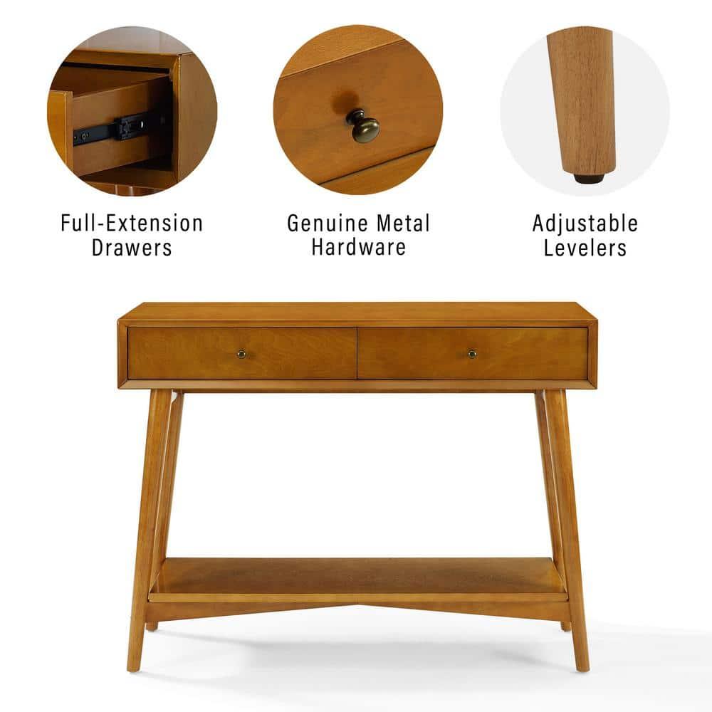 Crosley Landon Console Table Acorn: Mid-Century Modern Design, Hardwood with Open Shelf & Drawer