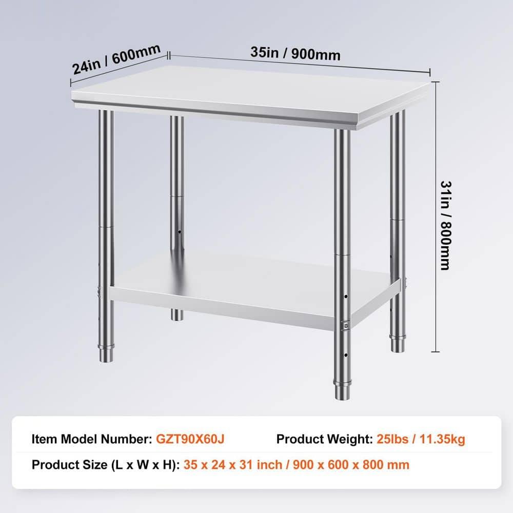 Stainless Steel Prep Table 35 x 24 x 31 in. 700 lbs. Silver Heavy Duty Metal Worktable with 3 Adjustable Height Levels