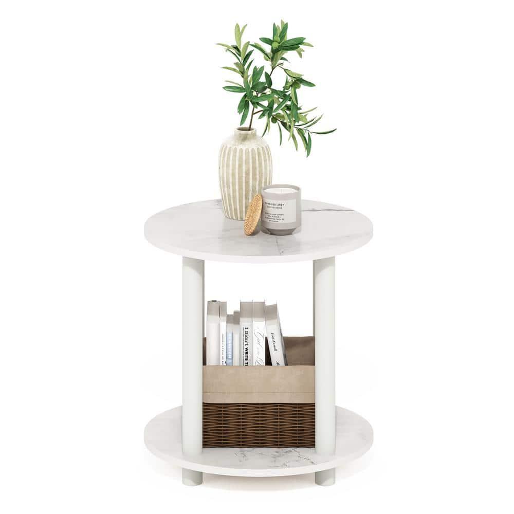 Furinno Turn-N-Tube 2-Tier Round Wooden End Table, Marble White