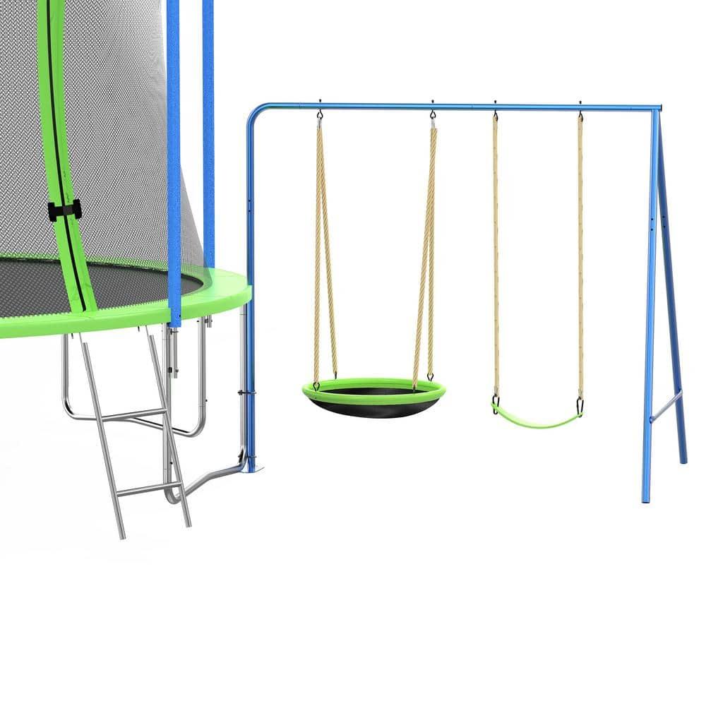 12FT Trampoline with Slide and Swings,Kids Outdoor Trampoline with Safety Enclosure Net and Basketball Hoop, Sports Fitness Recreational Trampolines with Ladder for Kids,Adults