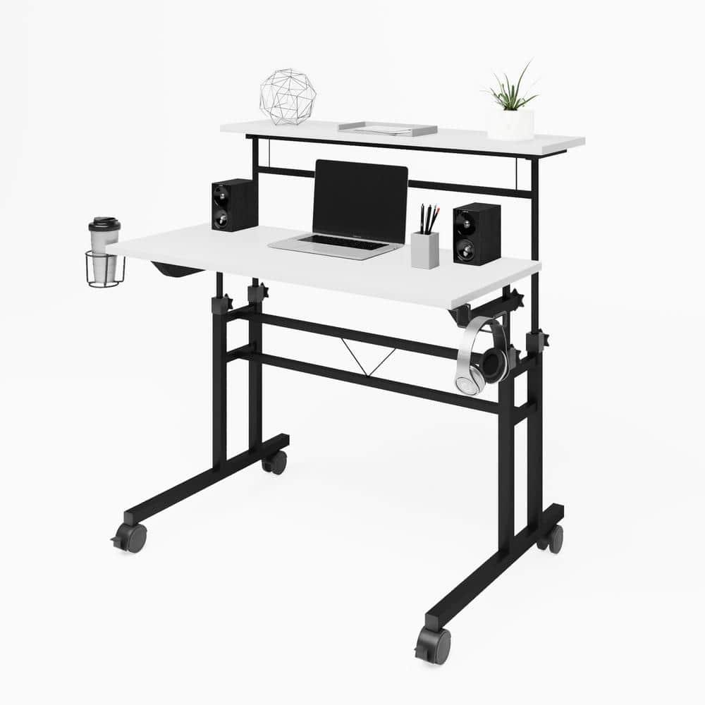 Rolling Writing Desk with Height Adjustable Desktop and Moveable Shelf White - Techni Mobili: Locking Casters, Open Storage