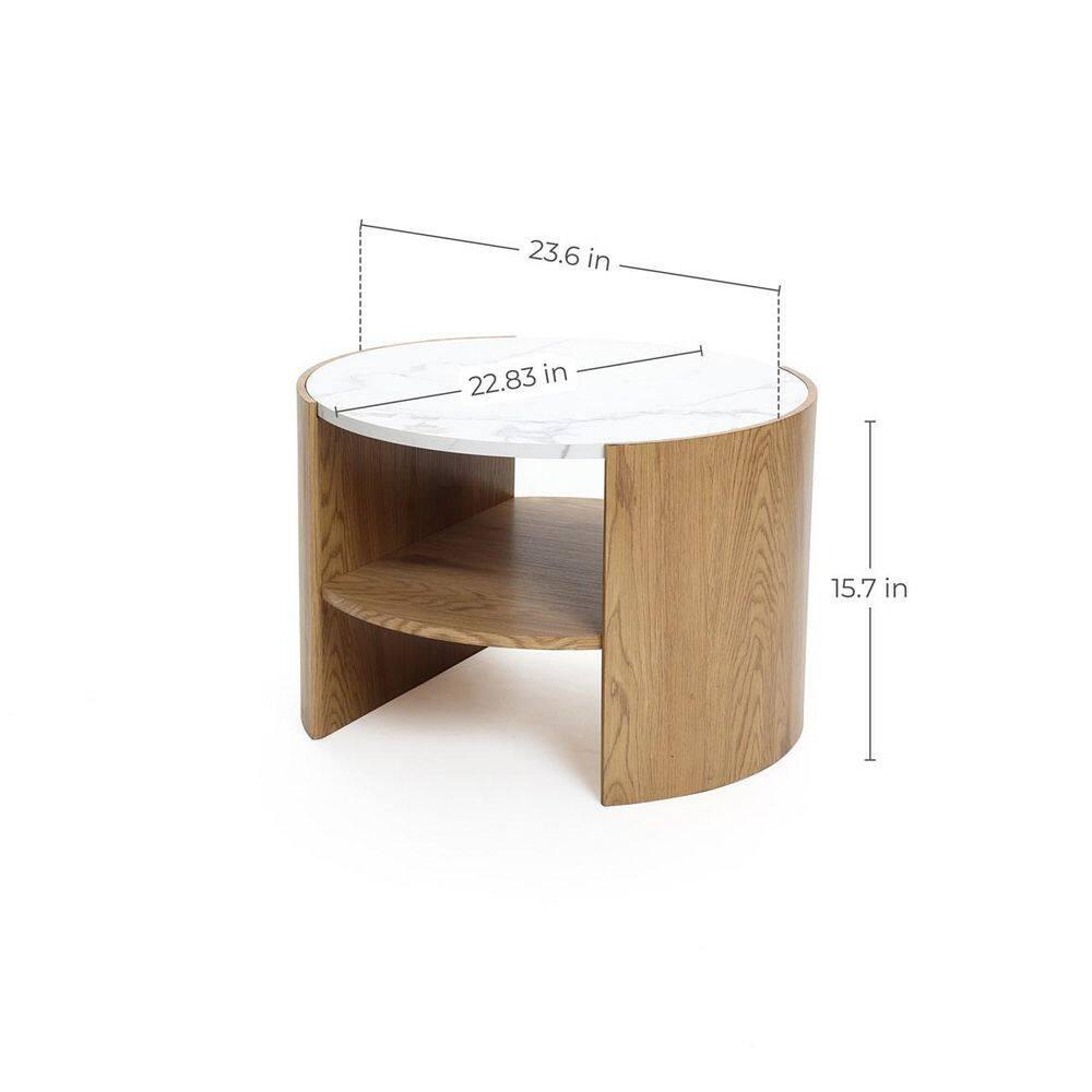 LuxenHome Natural Finish Manufactured Wood 23.6-Inch Round Coffee Table with Faux Marble Top Brown