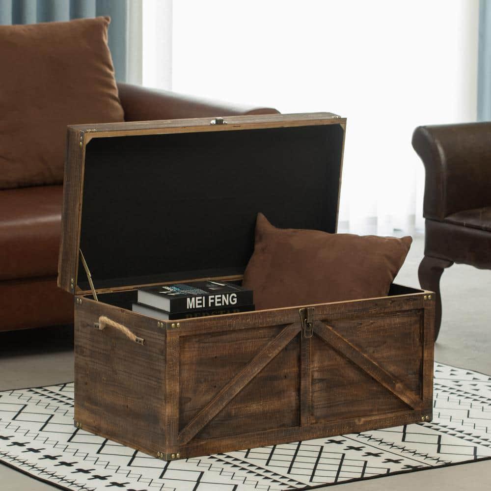 Vintiquewise Vintiquewise Brown Large Wooden Lockable Trunk Farmhouse Style Rustic Design Lined Storage Chest with Rope Handles