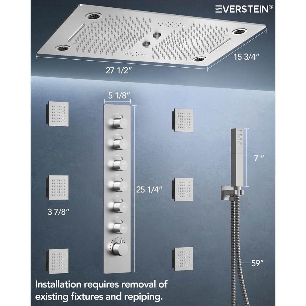EVERSTEIN 12 in. Dual Rain Shower Heads System, 1.8 GPM Muti Spray Patterns Wall & Celling Mounted Shower Head with Handheld Shower Sparyer, Side Jets & Knob Valve Body, Brushed Nickel