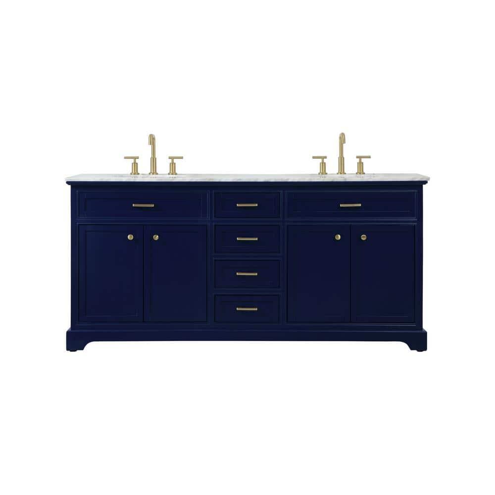 Elegant Decor Americana 72" Metal MDF Marble Double Bathroom Vanity in Blue