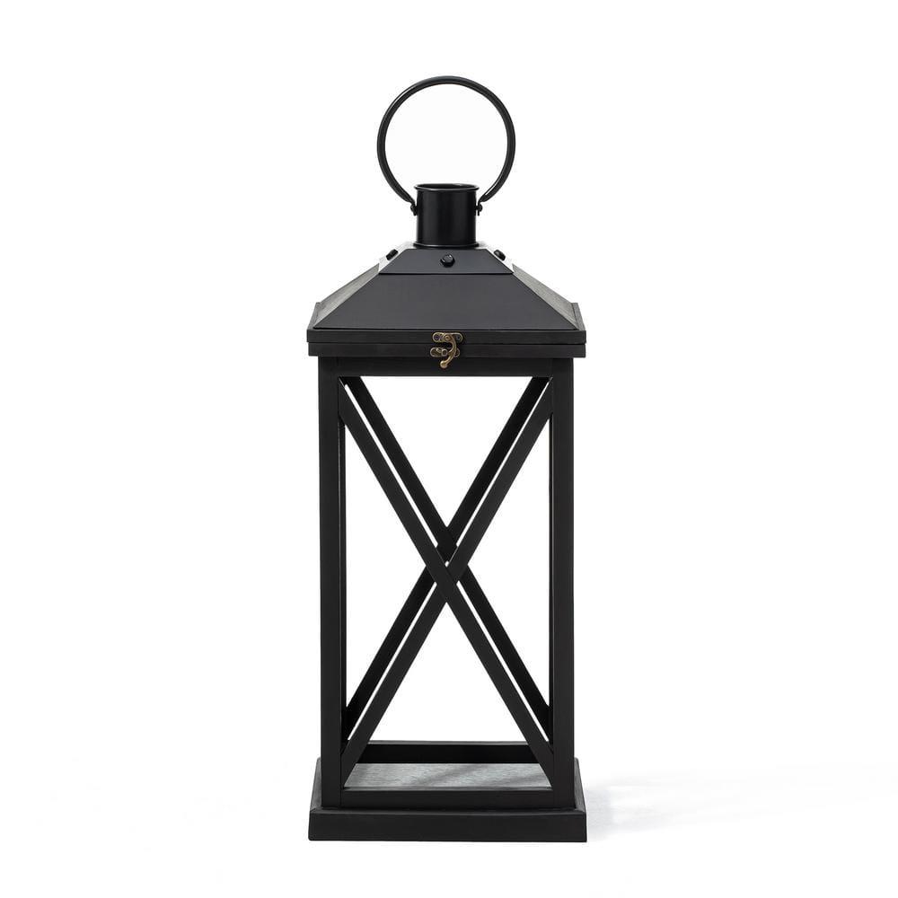 Glitzhome Modern Farmhouse Wooden Lantern Hanging Decorative Candle Lantern for Outdoor & Indoor Black Set of 2 (No Glass)