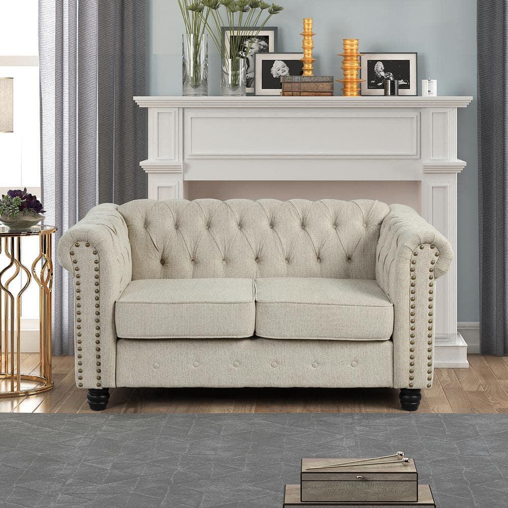 Morden Fort Beige Sofa Set for Living Room Furniture Button Tufted Chair and Loveseat 2 Pieces Fabric