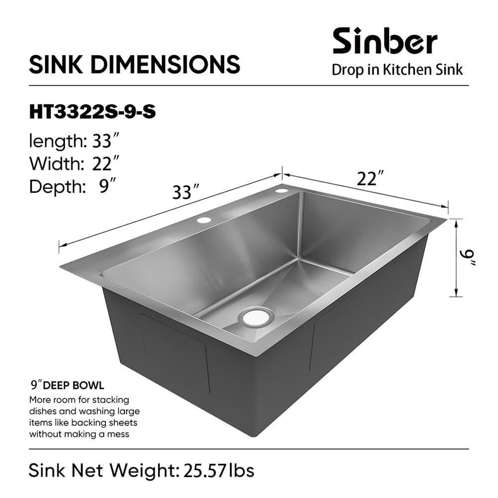 Sinber 33" x 22" Drop In Single Bowl Kitchen Sink with 18 Gauge 304 Stainless Steel Finish