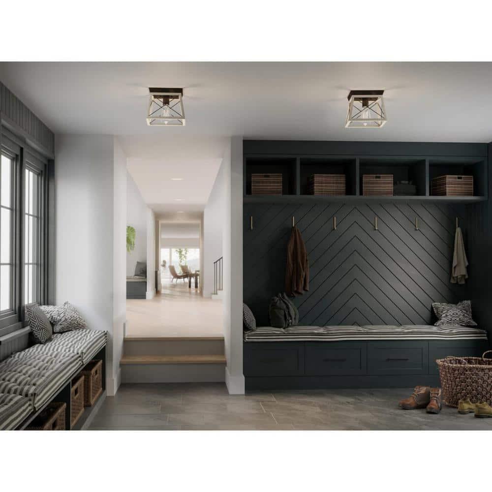 Progress Lighting Briarwood 1-Light Flush Mount, Graphite Finish, Faux-Painted Wood Enclosure