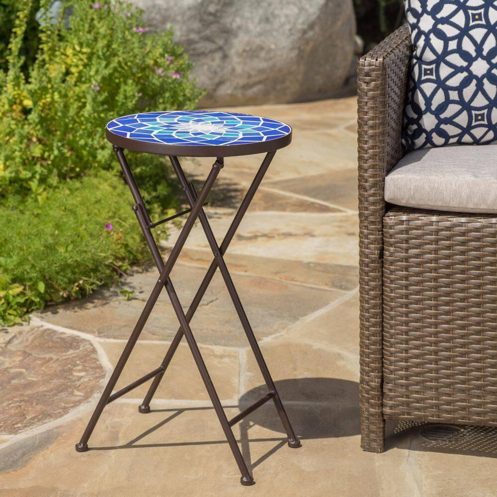 Fleur De Lis Living Folding Blue and White Top Side Table with Iron Frame, Multifunctional Plant or Beverage Stand