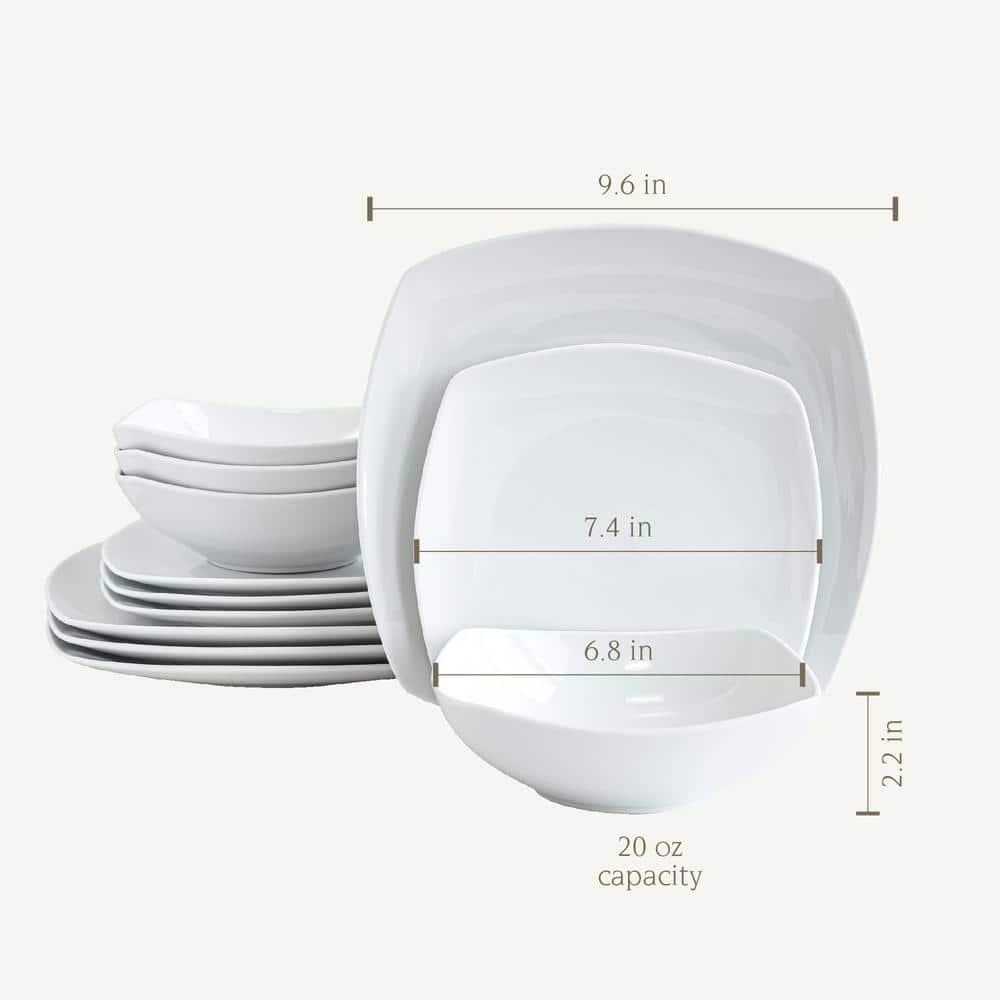 12 pc soft square white dinnerware set (service for 4)
