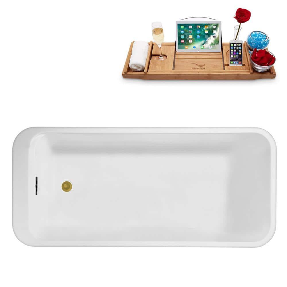 63" Streamline Freestanding Soaking Acrylic Bathtub With Drain and Bamboo Tray