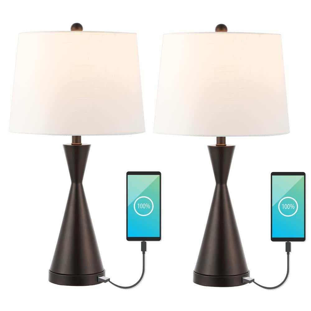 JONATHAN Y Colton 26" French Country Farmhouse Iron LED Table Lamp with USB Charging Port, Oil Rubbed Bronze (Set of 2)