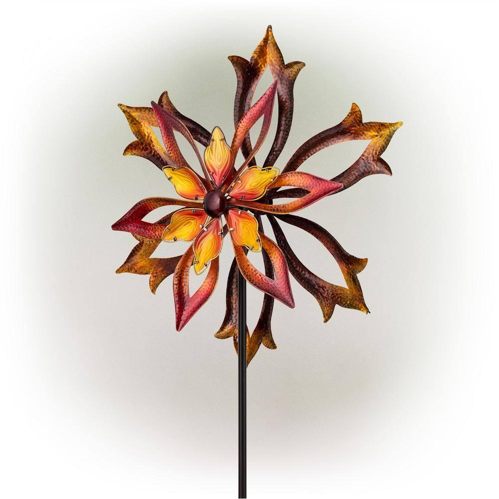 96" Glass/Iron Outdoor Flower Dual Kinetic Spinner Stake Red/Yellow - Alpine Corporation: Yard Art Decor